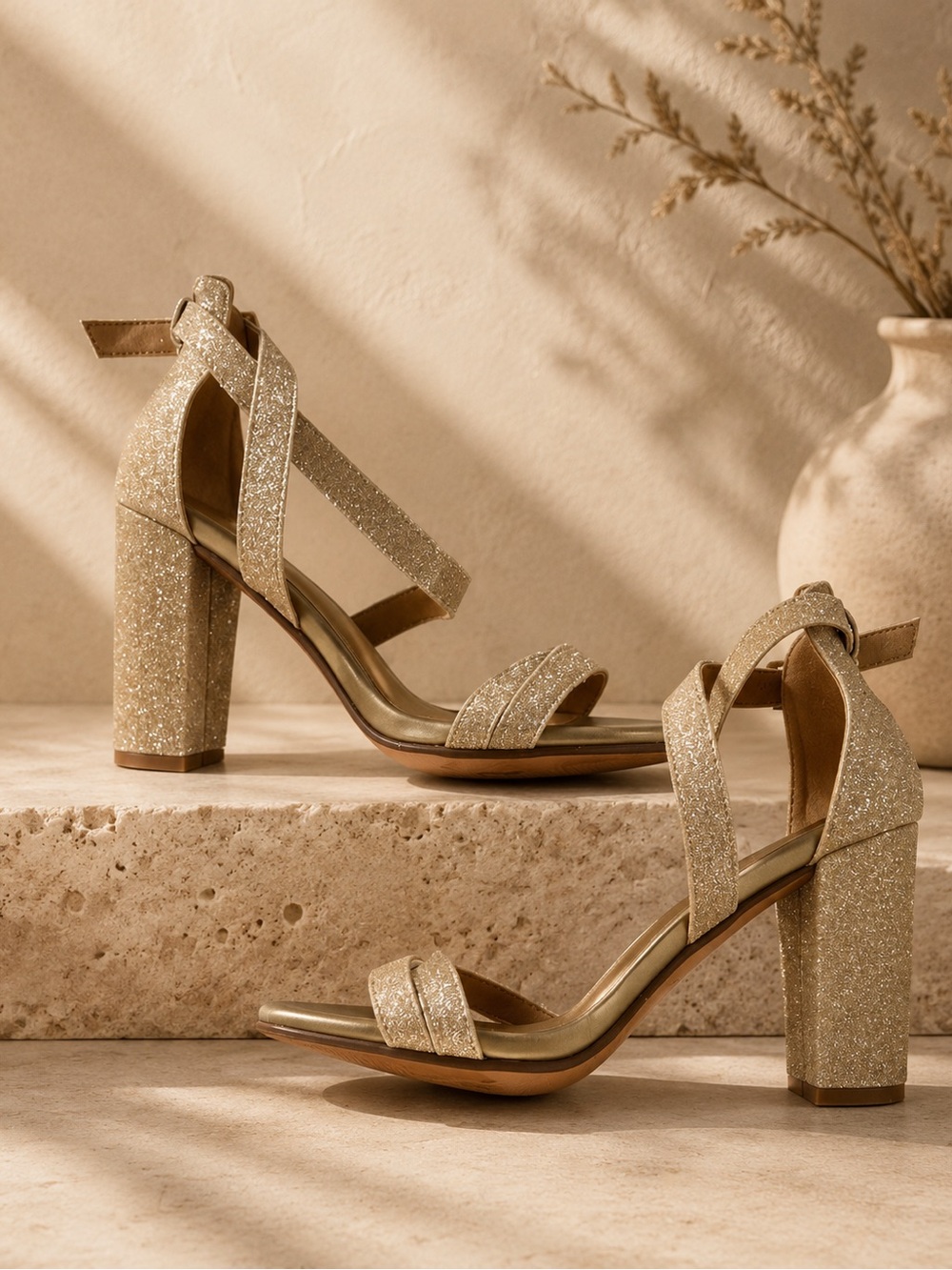 IDIFU Gold Glitter Strappy Block Heel Party Sandals Size 7.5